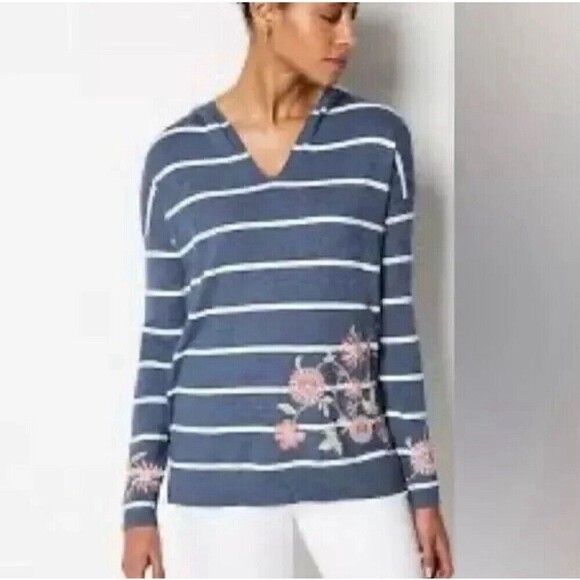 J. Jill Hooded Pullover Sweater Large Women Striped Embroidered‎ Flowers V-neck - Picture 1 of 9